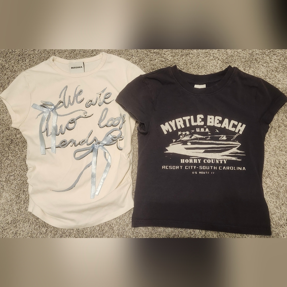 Bershka Teen Set Of 2 Cute Tops Size XS (Fits 10-12y) White W/bows, Charcoal